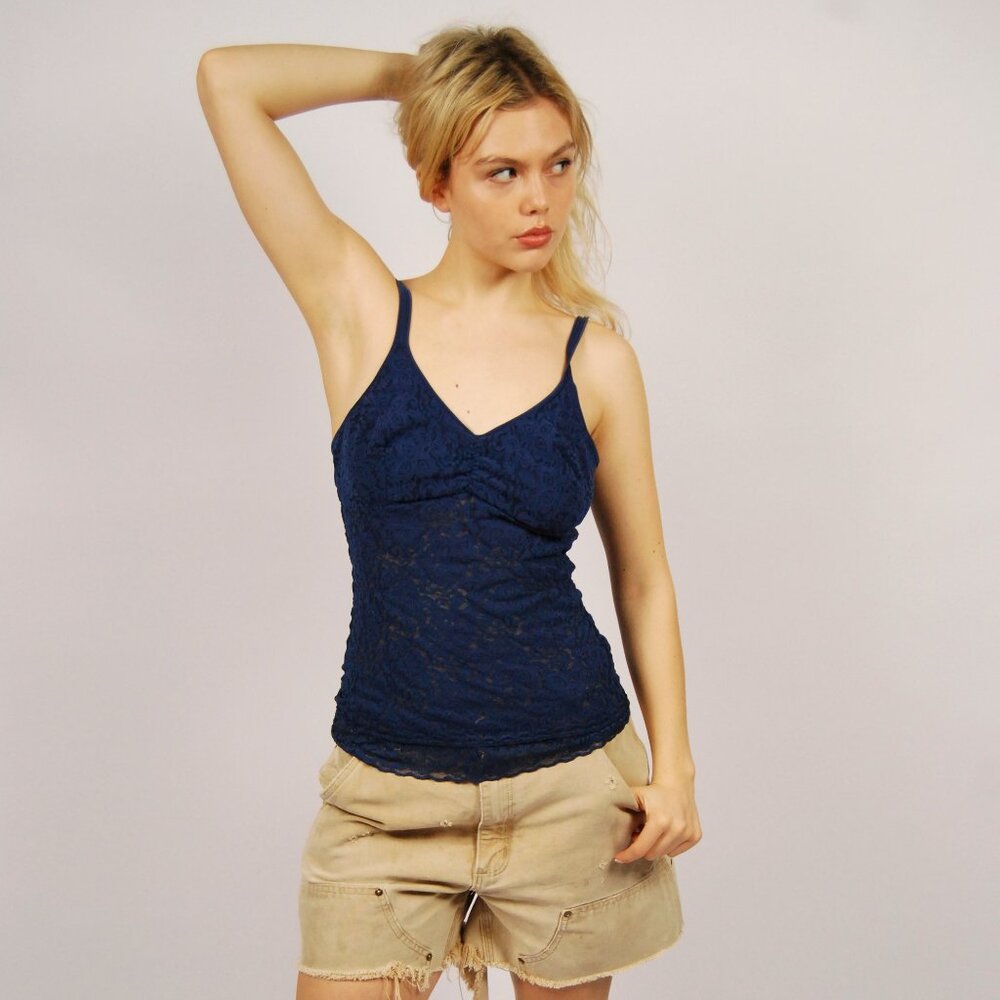 90s Lace Cami (L) large navy blue vintage floral tank top bodycon stretchy y2k